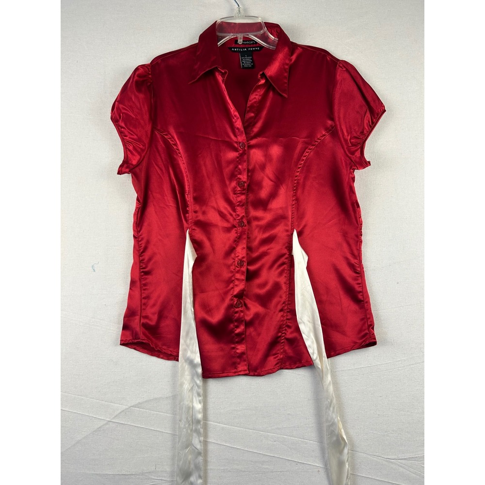 Antilia Femme Red Satin Short Sleeve Blouse White Ribbon Tie Y2K Top Large